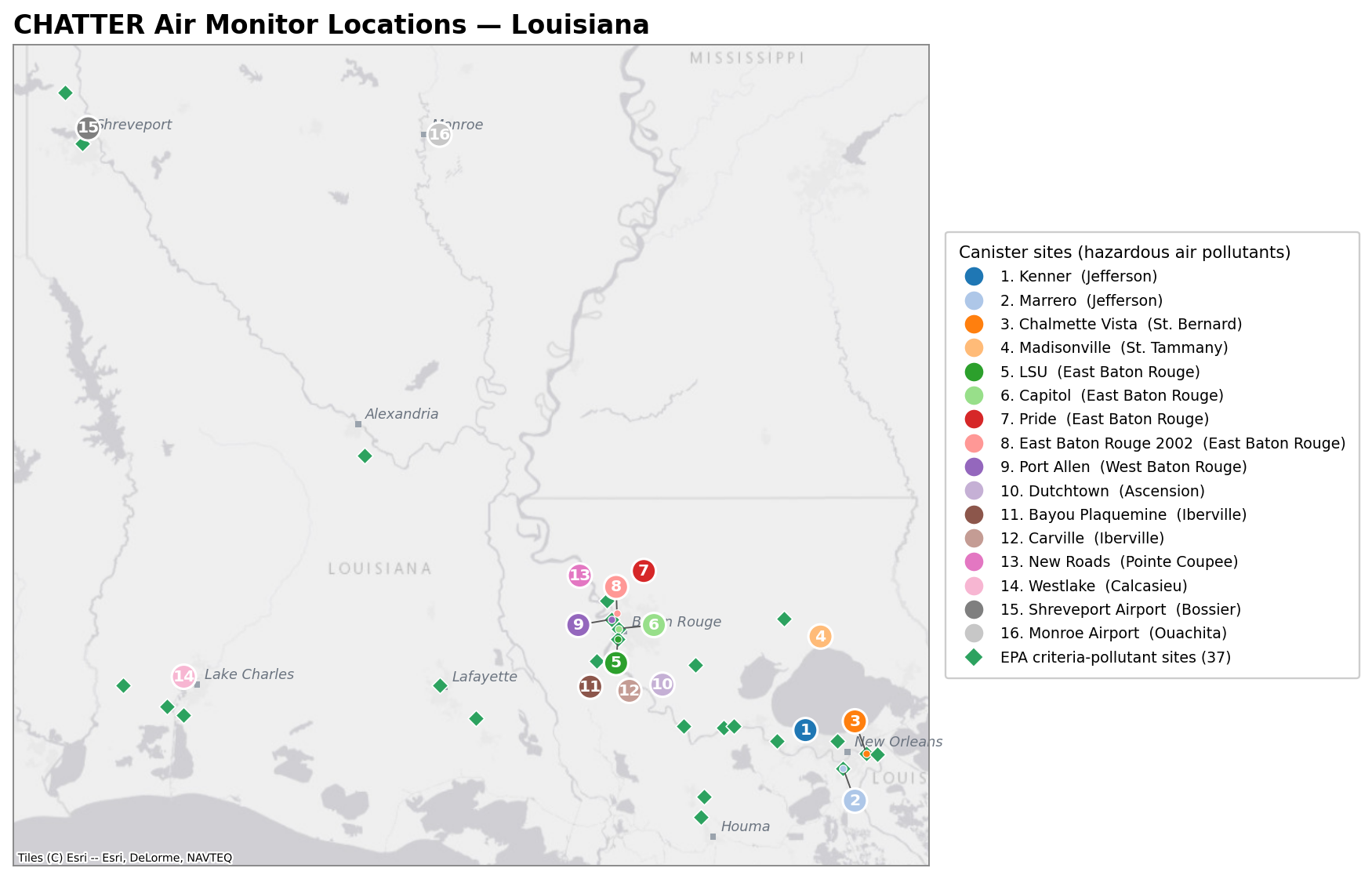 Static reference map of Louisiana air monitors